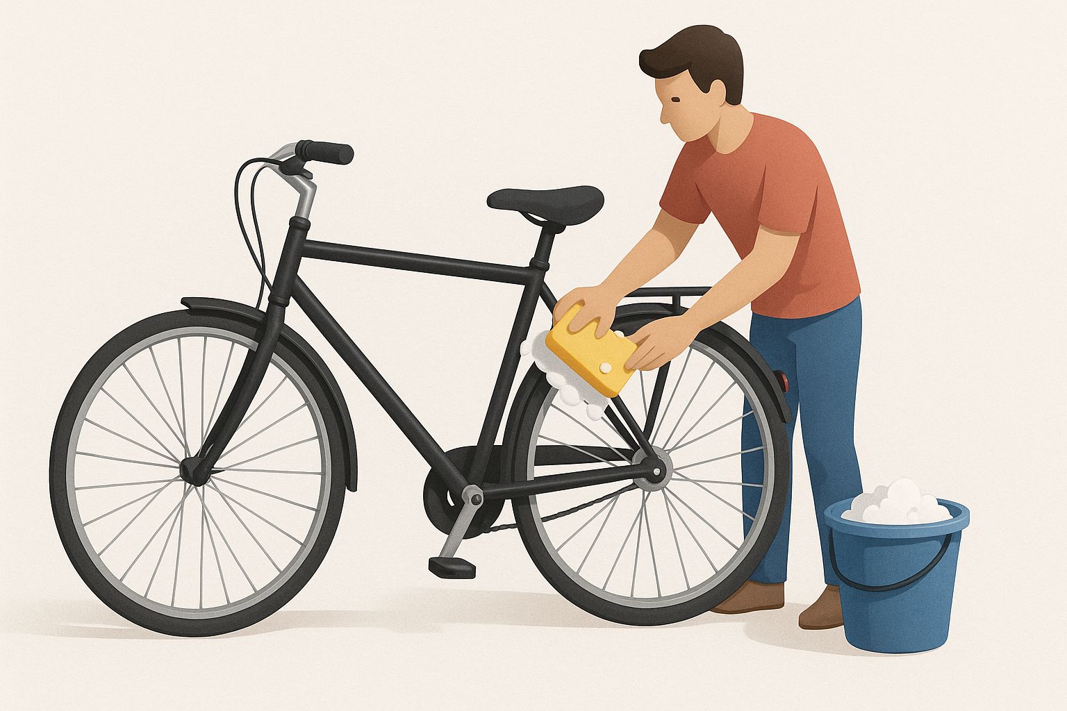 Stadsfiets schoonmaken met spons en emmer